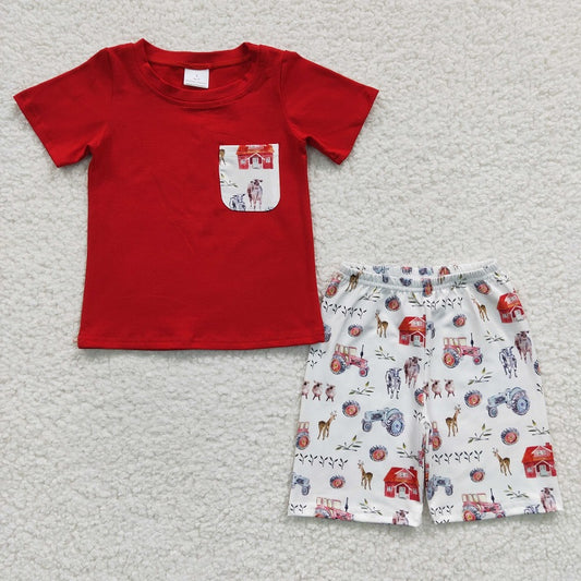 BSSO0120 Boys Farm House Pocket Red Short Sleeve Shorts Set