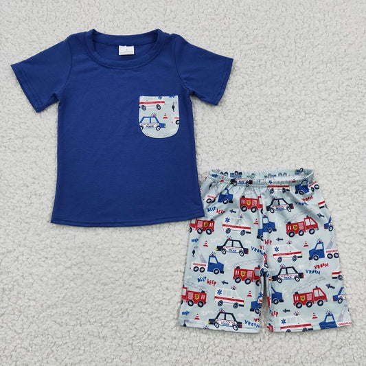 BSSO0121 Boys Police Car Fire Truck Pocket Blue Short Sleeve Suit D 5.8