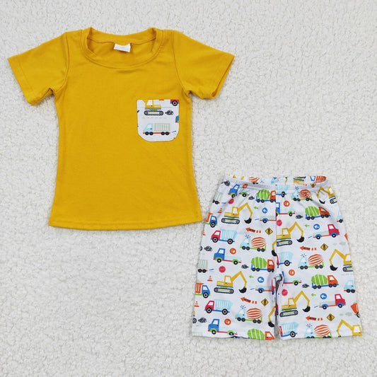 BSSO0122 Boys Construction Vehicle Excavator Pocket Yellow Short Sleeve Shorts Set D 5.8