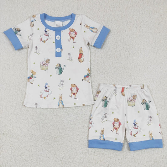BSSO0123 Boys Rabbit Flower Blue Short Sleeve Shorts Set