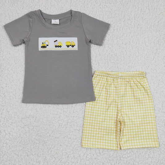 BSSO0124 Boys Constructions Embroidered Plaid Shorts Set