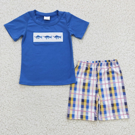 BSSO0125 Boys Embroidered Shark Blue Short Sleeve Plaid Shorts Set