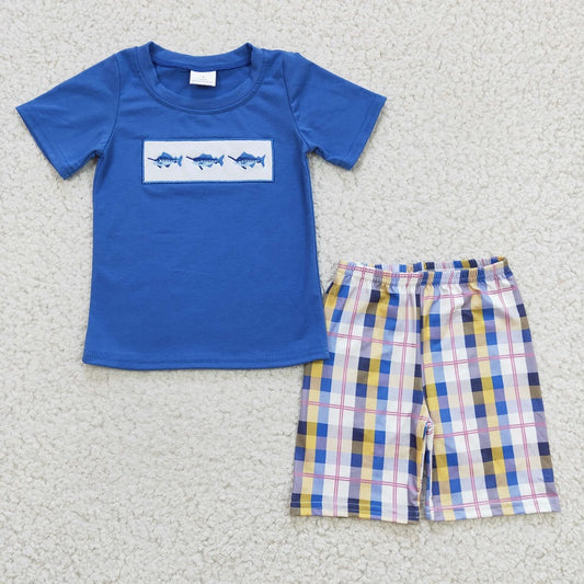 BSSO0125 Boys Embroidered Shark Blue Short Sleeve Plaid Shorts Set D 5.15