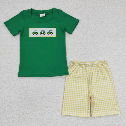 BSSO0126 Boys Embroidered Farm Car Green Short Sleeve Yellow Shorts Set D 5.15