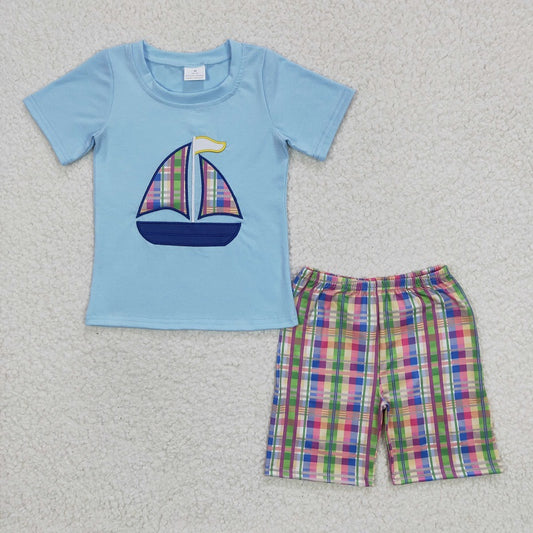 BSSO0127 Boys Embroidered Sailing Blue Short Sleeve Plaid Shorts Set