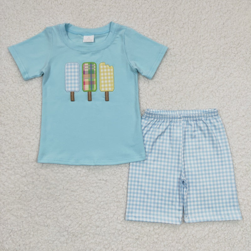 BSSO0129 Boys Embroidered Popsicle Ice Cream Blue Short Sleeve Shorts Set