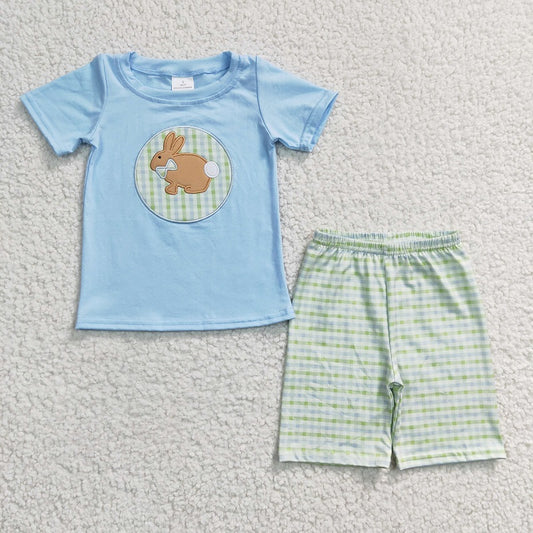 BSSO0130 Boys Embroidered Rabbit Blue Short Sleeve Plaid Shorts Set