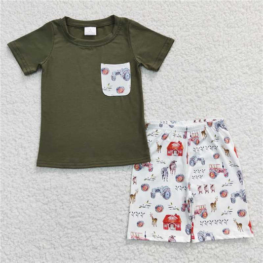 BSSO0131 Baby Boys Farm House Pocket Green Short Sleeve Shorts Set