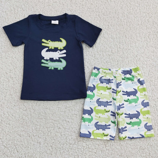 BSSO0132 Boys Embroidered Crocodile Navy Short Sleeve Shorts Set