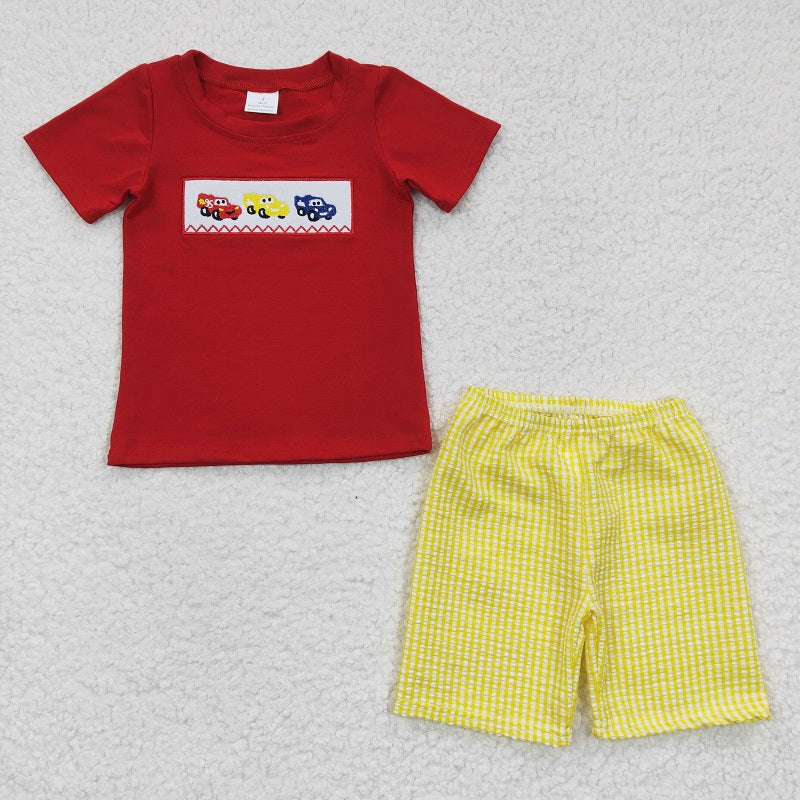 BSSO0133 Boy Embroidered Cars Seersucker Shorts Set