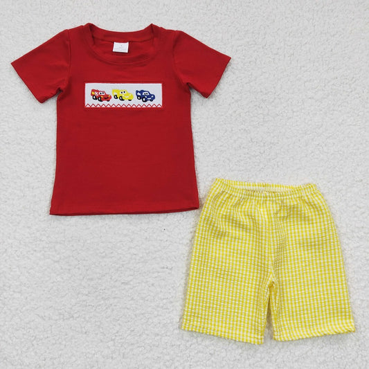 BSSO0133 Boys Embroidered Cars Red Short Sleeve Plaid Shorts Set