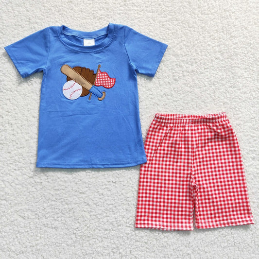 BSSO0134 Boys Embroidered Baseball Blue Short Sleeve Red Plaid Shorts Set