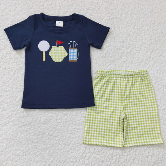 BSSO0135 Boys Embroidered Golf Blue Short Sleeve Green Plaid Shorts Set
