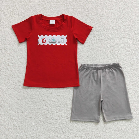 BSSO0144 Baby Boys Embroidered Steamboat Boots Red Short Sleeve Shorts Set