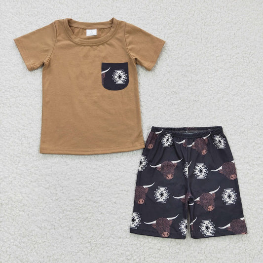 BSSO0148 Baby Boys Alpine Geometric Brown Pocket Short Sleeve Shorts Set