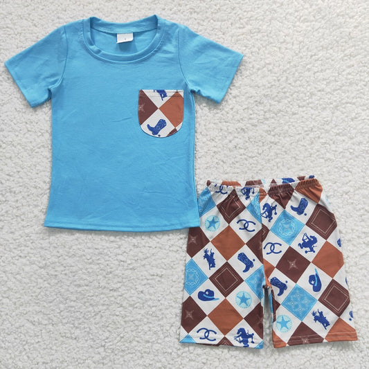 BSSO0150 Baby Boys Riding Square Blue Pocket Short Sleeve Shorts Set