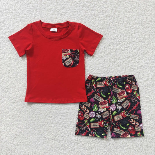 BSSO0165 Boys Crawfish Onion Pocket Red Short Sleeve Shorts Set