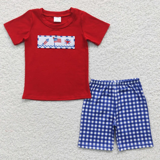 BSSO0176 Baby Boys Embroidered National Day Flag Firework Red Short Sleeve Shorts Set