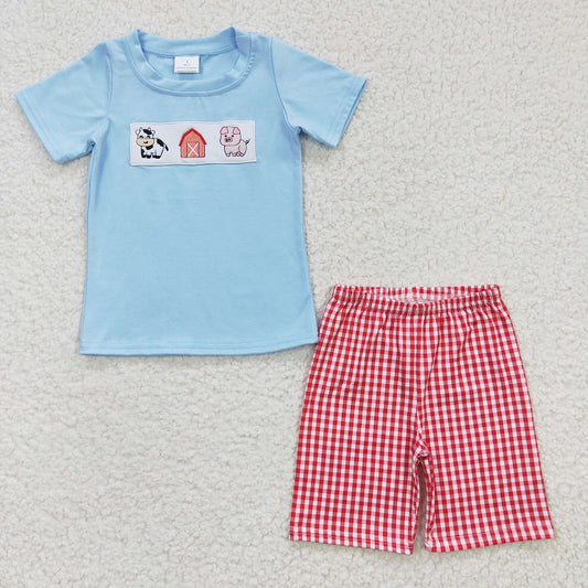 BSSO0181 Baby Boys Embroidered Farm Cow Pig Blue Short Sleeve Shorts Set