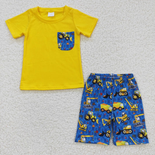 BSSO0183 Baby Boys Construction Vehicle Excavator Pocket Short Sleeve Shorts Set D 7.12
