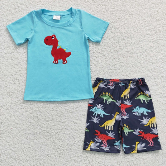 BSSO0184 Baby Boys Colorful Dinosaur Blue Short Sleeve Shorts Set