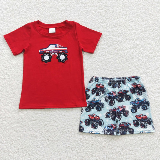 BSSO0185 Boys Embroidered National Day Buggy Red Short Sleeve Shorts Set
