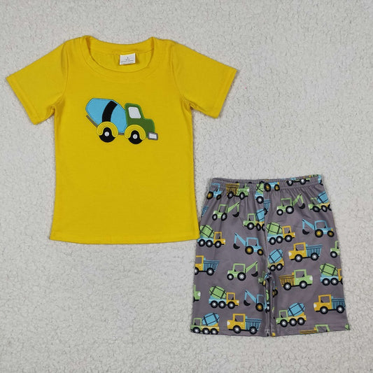 BSSO0186 Baby Boys Embroidered Color Engineering Vehicle Yellow Short Sleeve Shorts Set