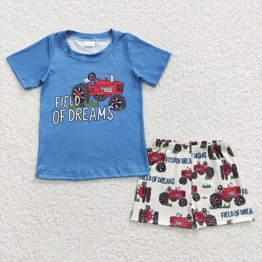BSSO0190 Baby Boys DREAMS Tractor Blue Short Sleeve Shorts Set