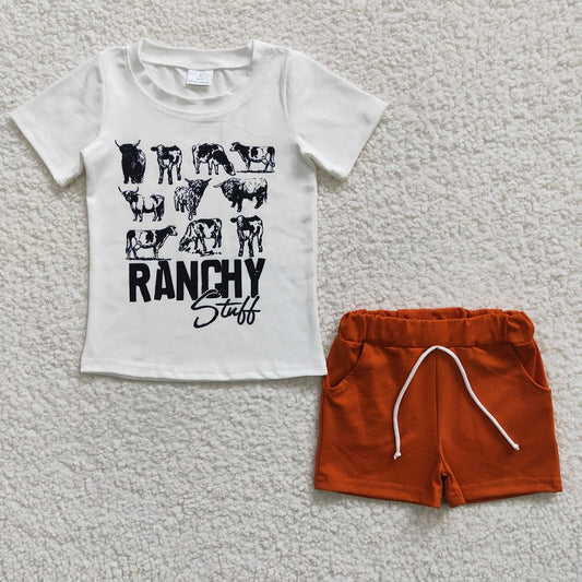 BSSO0191 Boys RANCHY Cow White Short Sleeve Brown Shorts Set