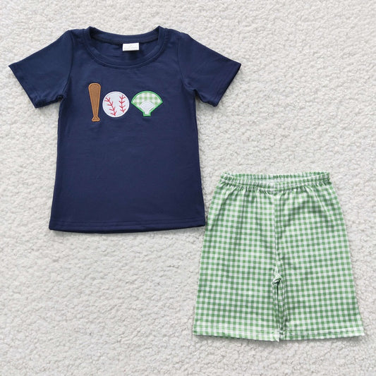 BSSO0194 Baby Boys Embroidered Baseball Navy Blue Short Sleeve Green Plaid Shorts Set
