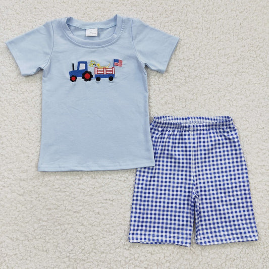 BSSO0195 Baby Boys Embroidered National Day Car Dog Blue Short Sleeve Shorts Set