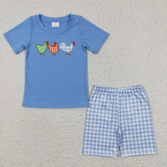 BSSO0201 Baby Boys Embroidered Rooster Blue Short Sleeve Plaid Shorts Set