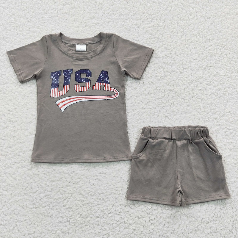 BSSO0202 Boys National Day Offset Printing USA Gray Short Sleeve Shorts Set