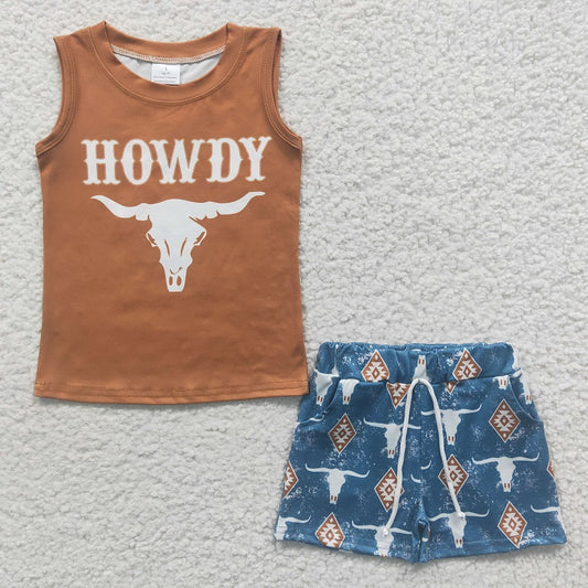 BSSO0207 Baby Boys HOWDY Bullhead Brown Sleeveless Shorts Set