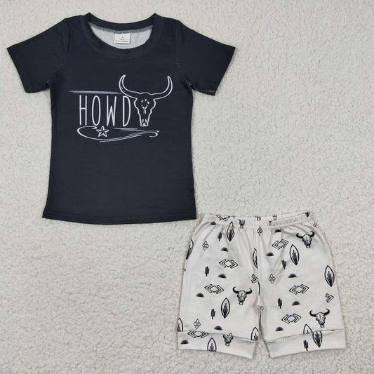 BSSO0213 Baby Boys HOWDY Bull Head Black Short Sleeve Shorts Set
