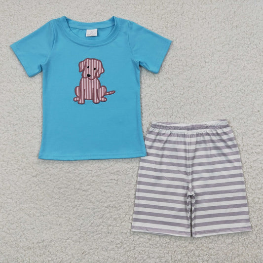 BSSO0214 Baby Boys Embroidered Puppy Blue Short Sleeve Striped Shorts Set