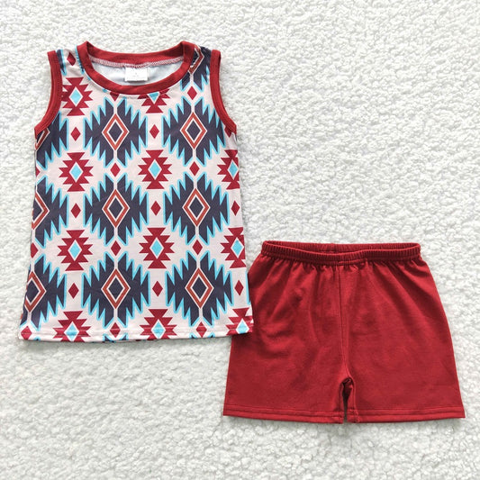 BSSO0215 Baby Boys Geometric Red Sleeveless Shorts Set