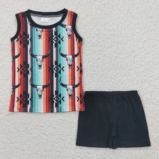 BSSO0216 Baby Boys Bull Head Colorful Stripe Sleeveless Shorts Set