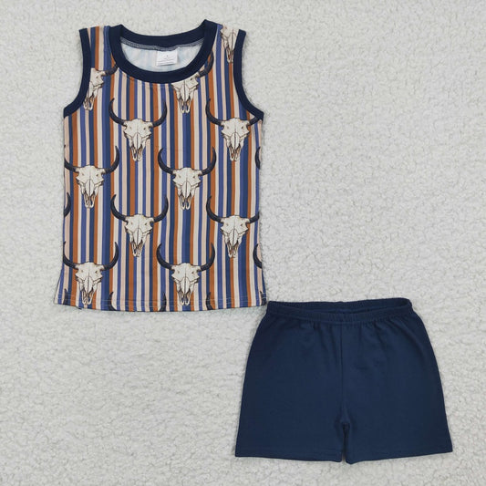 BSSO0217 Baby Boys Bullhead Blue Stripe Sleeveless Shorts Set