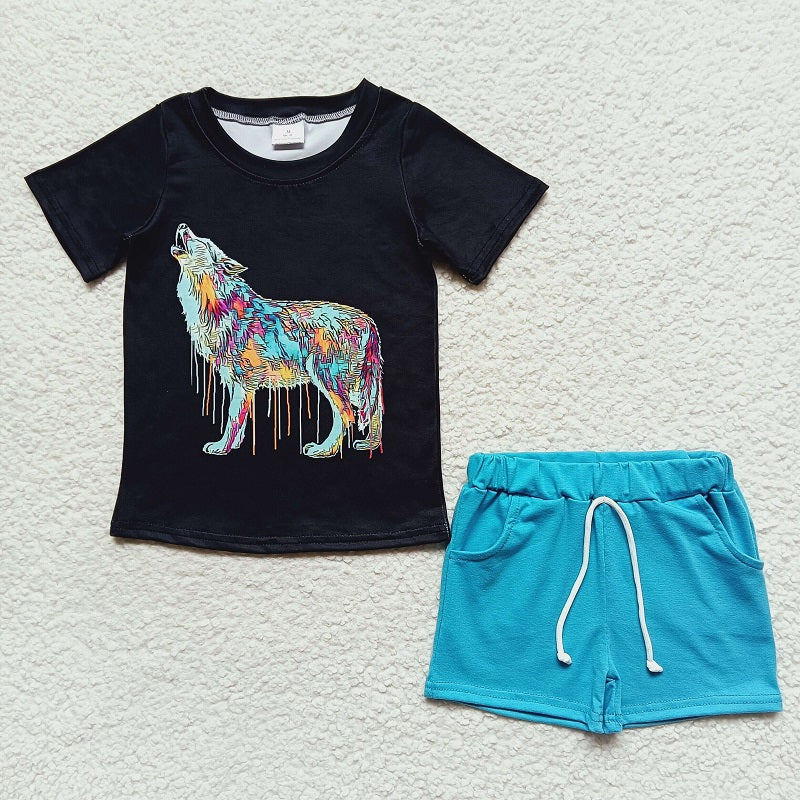 BSSO0219 Baby Boy Wolf Black Short Sleeve Blue Shorts Set  D 6.21
