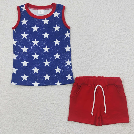 BSSO0220 BABY Boys National Day Star Blue Sleeveless Shorts Set