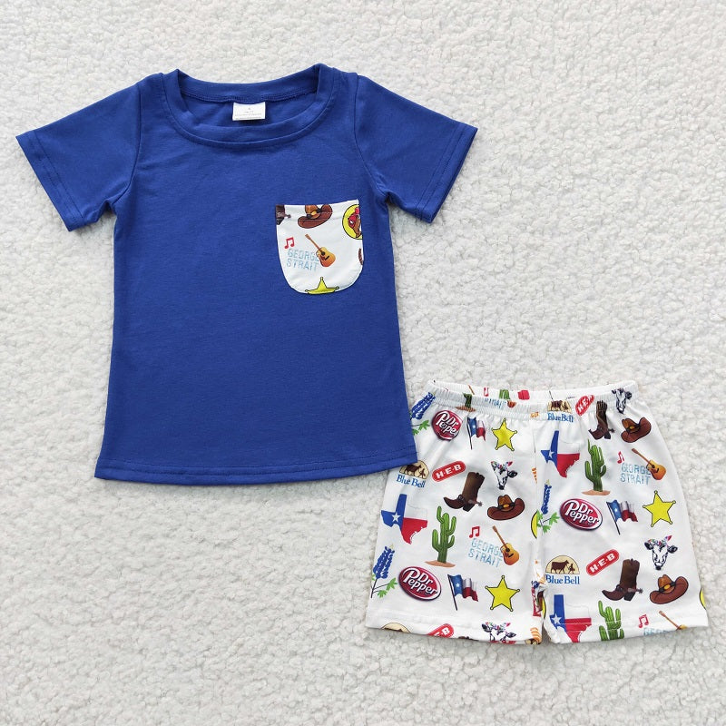 BSSO0225 Baby Boys Boots Cactus Navy Pocket Short Sleeve Shorts Set