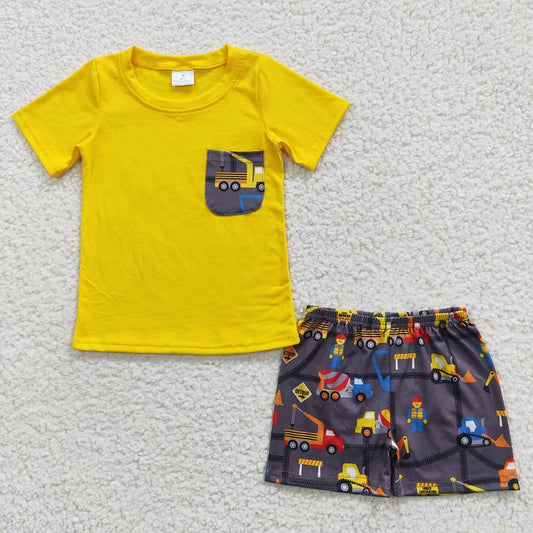 BSSO0231 Baby Boys Construction Vehicle Yellow Pocket Short Sleeve Shorts Set
