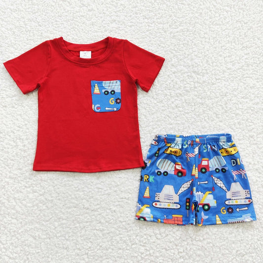 BSSO0233 Baby Boys SPIN Construction Vehicle Red Pocket Short Sleeve Shorts Set