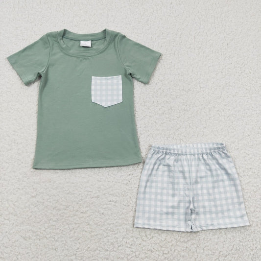 BSSO0236 Grass Green Pocket Short Sleeve Plaid Shorts Set