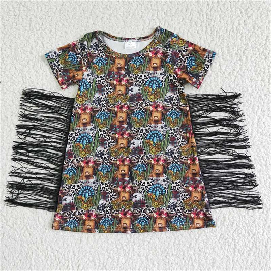 BT0007 Girls Bull Tau Leopard Print Sunflower Fringe Short Sleeve Skirt