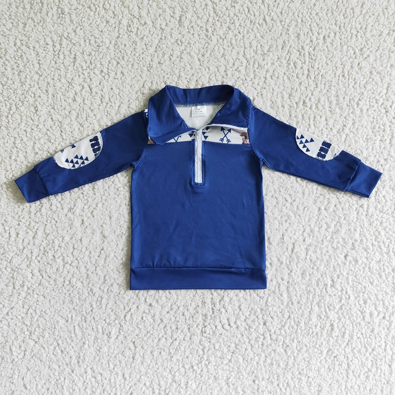 BT0018  Bull Head Arrow Blue Zip Long Sleeve Sweatshirt