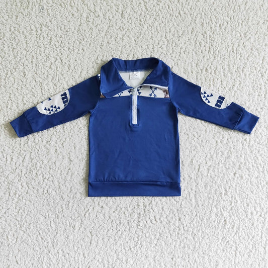 BT0018  Bull Head Arrow Blue Zip Long Sleeve Sweatshirt
