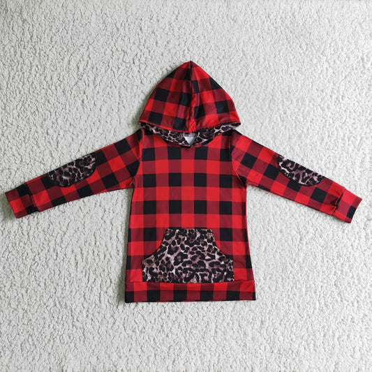 BT0048 Boys Red and Black Plaid Hooded Long Sleeve Top