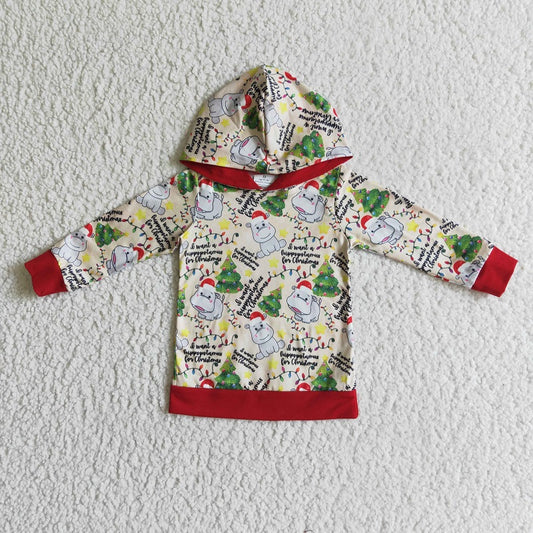 BT0056 Boys Hippo Christmas Tree Hooded Long Sleeve Top